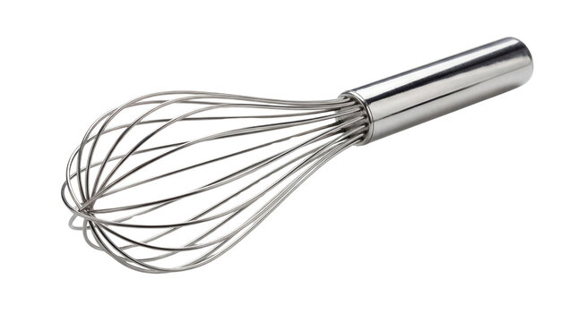Stainless steel wire whisk with chrome handle, kitchen utensil for baking and cooking, isolated PNG with Transparent Background
