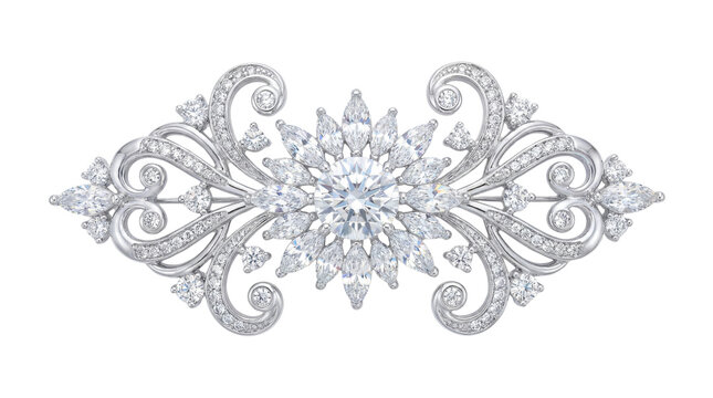 Sparkling diamond brooch with intricate silver filigree and marquise cut gemstones, luxury jewelry ornament isolated PNG with Transparent Background