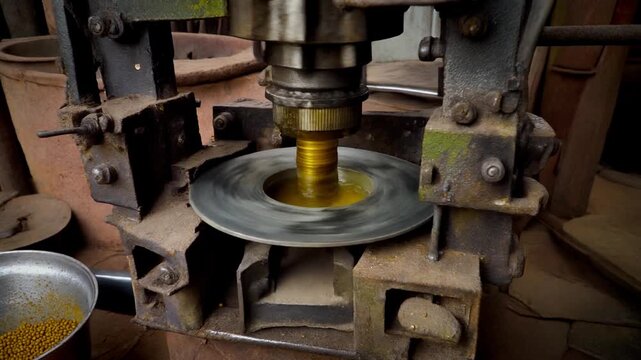 Traditional Indian Oil Press Ghani Extracting Mustard Oil in Rustic Village Setup