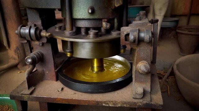 Heritage Kachi Ghani Process showing Slow Rotation of Wooden Pestle for Oil Extraction