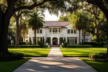 Obraz premium Grand luxury house featuring a well maintained lawn, palm trees, and classic architecture