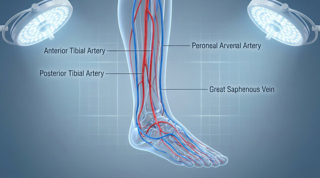 Anterior tibial artery posterior tibial artery peroneal artery great saphenous vein human leg anatomy blood vessel medical illustration circulatory system foot anatomy vascular system artery vein