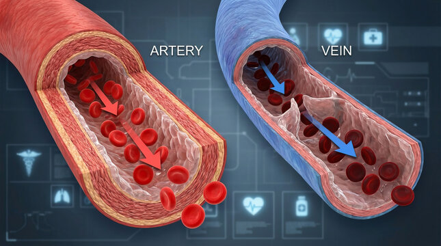 Artery and vein cross section illustration showing blood flow direction with red blood cells inside vessels, medical concept of circulatory system and cardiovascular health visualization