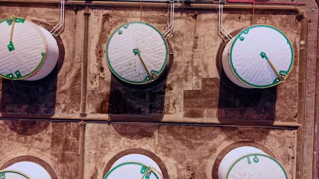 Pipelines connecting the rows of huge metal tanks that storage fuel. Drone flight above oil refinery facility.