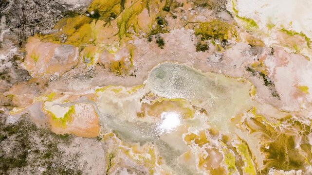 Top view of volcanic geothermal springs with hot water and sulfur. Sipoholon Hot Spring, Sumatra, Indonesia.