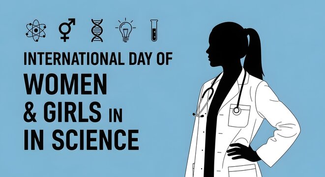 International day of women and girls in science poster with a female doctor silhouette