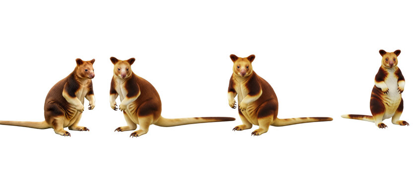 A collection of four Goodfellows treekangaroos standing in various poses isolated on a white background.