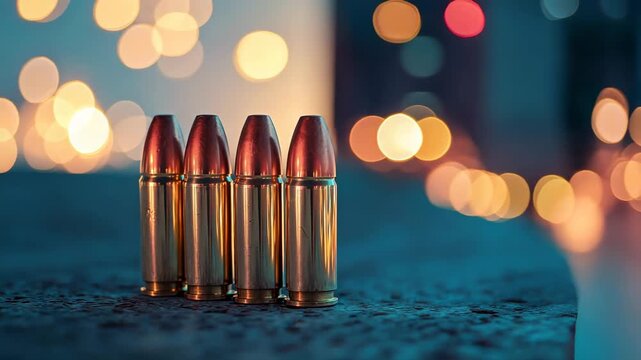 Bullets placed on a concrete ledge at night with city lights in the background