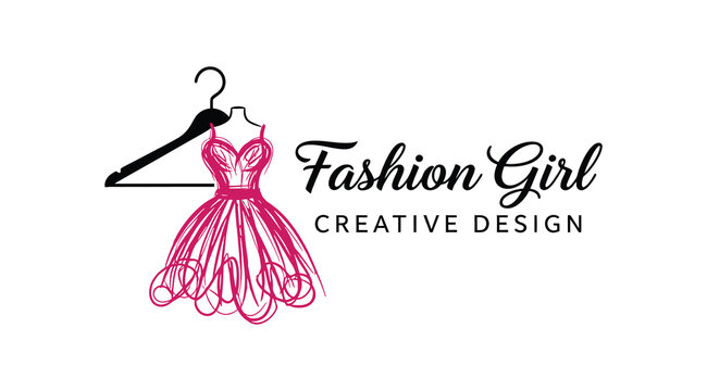 Fashion girl creative design logo with dress and hanger