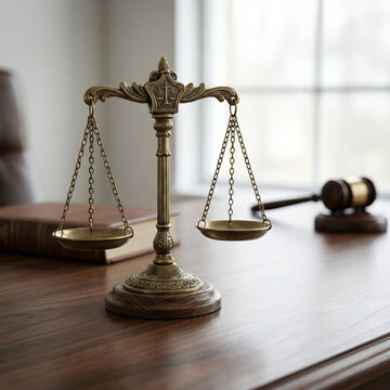 Balan&ccedil;a da justi&ccedil;a sobre mesa de escrit&oacute;rio jur&iacute;dico com martelo ao fundo &ndash; conceito de direito e equidade