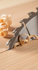 Close-up of circular saw blade cutting wood with curling shavings in carpenter workshop