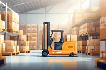Fototapeta premium Forklift operating inside a large industrial warehouse with stacked boxes and pallets