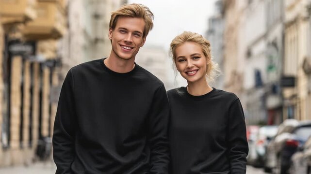 Happy young Caucasian couple in black sweatshirts smiling together outdoors, beautiful man and woman portrait in casual urban setting, romantic or friendship lifestyle concept.