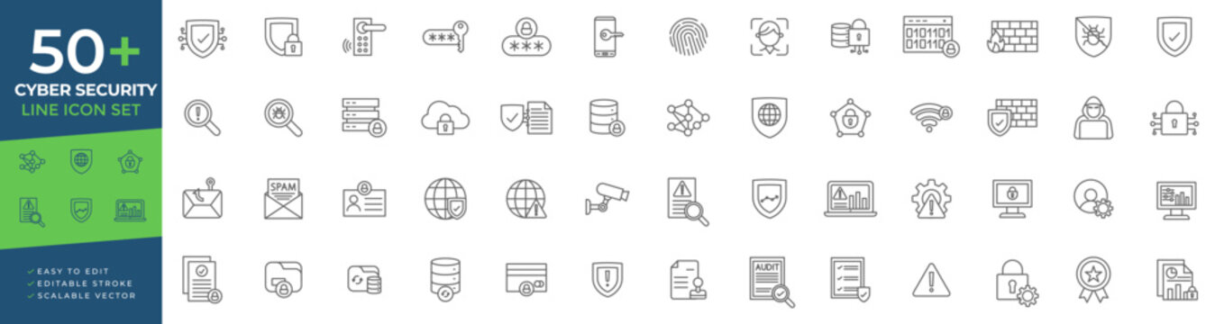 Cyber security icon set featuring thin line vector icons for data protection, network safety, privacy, encryption, firewall, and digital defense concepts
