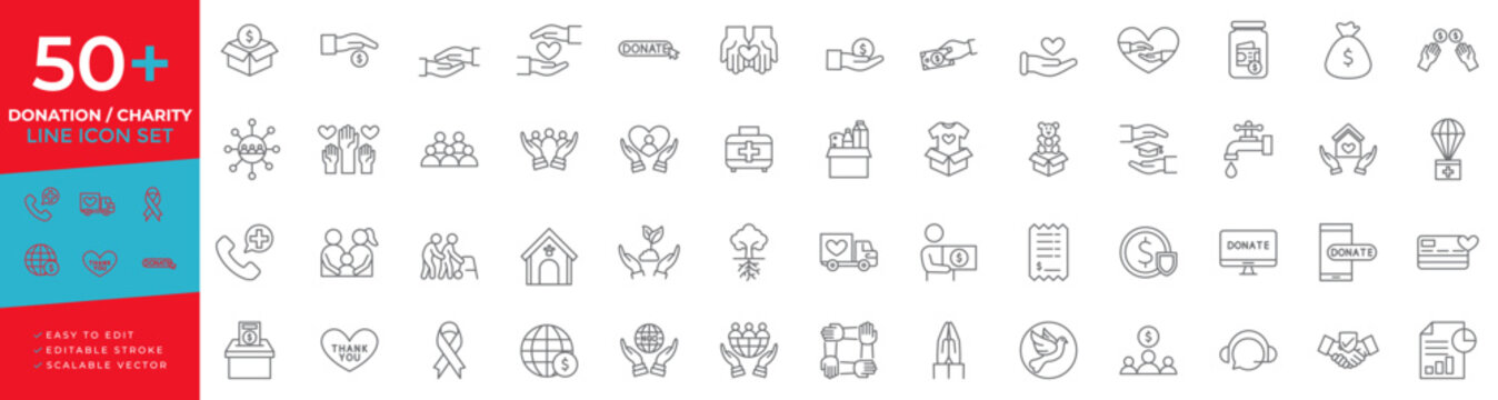 Donation and charity icon set featuring thin line vector icons for non-profit organizations, philanthropy, volunteer work, community support, humanitarian aid, and fundraising concepts