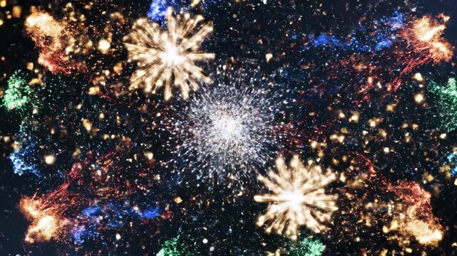 Sparkling fireworks display on dark background animation abstract celebration festive magical firecrackers bokeh particles