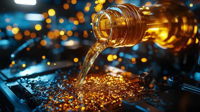 Pouring liquid into a machine in a workshop at night with lights shining in the background