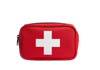 Red first aid kit with white cross, isolated on transparent background