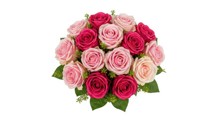 Elegant bouquet of mixed pink and red roses with green leaves and ribbon