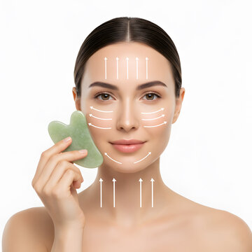 Gua sha facial massage diagram on white background, skincare technique with massage lines, face lifting routine, beauty instruction scheme