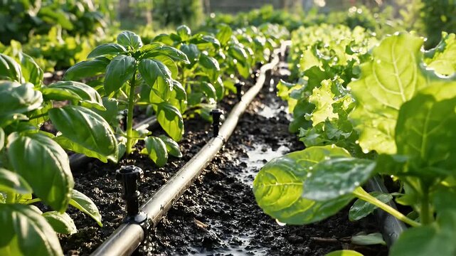 Efficient Drip Irrigation System in a Vegetable Garden - This video captures a well-maintained vegetable garden using an efficient drip irrigation system.