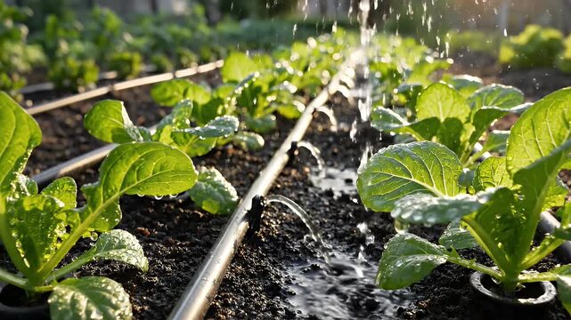 Drip Irrigation in a Vegetable Garden - Close-up view of a drip irrigation system watering rows of vibrant green vegetable plants in a garden.