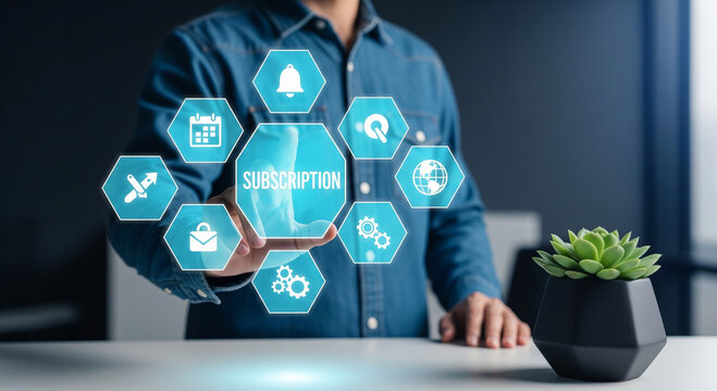 Person interacting with digital interface displaying subscription services and related icons.