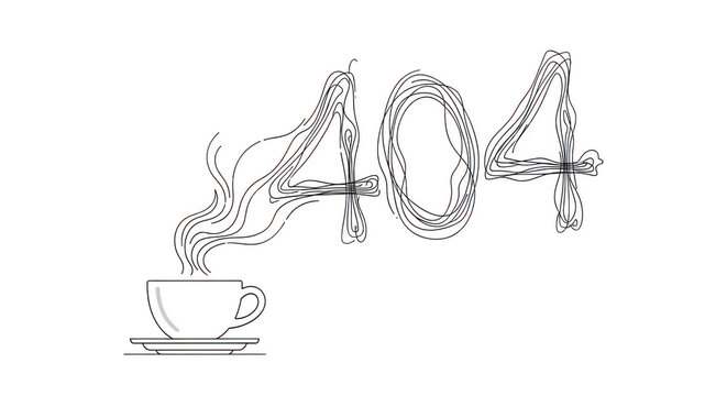 Continuous line drawing of steaming cup with 404 error message transparent background