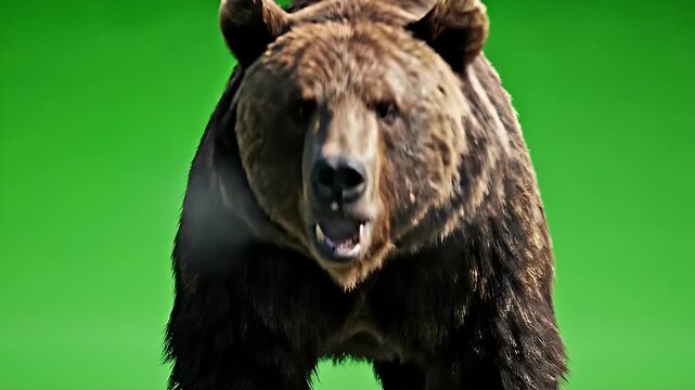 Grizzly Bear on Green Screen - A close-up shot features a powerful brown grizzly bear with thick fur walking forward. The bear is set against a bright green screen environment, ideal for compositing.