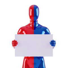 Divided figure holding sign