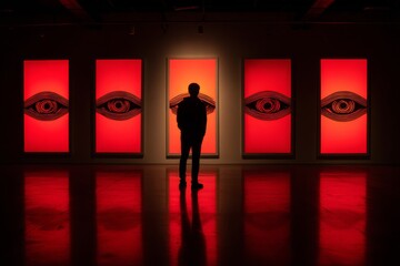 A person stands in a dark gallery facing a central orange panel, while four red panels with black eye shapes line the sides. 