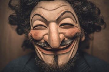 A carved wooden mask with a long nose and thick mustache smiles with closed eyes, framed by dark curly hair and a beard.