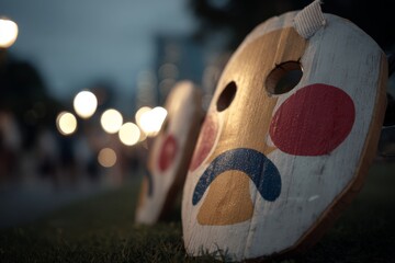 Wooden painted masks stand on a grassy field as dusk lights glow softly in the blurred background, creating a calm and atmospheric display.