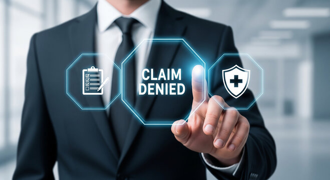 Claim Denied text on virtual interface, businessman touching rejected insurance claim button, medical health coverage denial concept