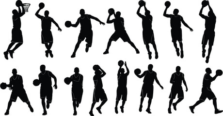 Basketball player black silhouette set, athletes playing in different poses, dunk, dribble and shooting action, team sport vector illustration isolated on white.
