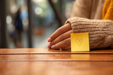 A person rests their hand on a wooden table beside a yellow sticky note with a heart drawing.