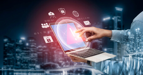 Red warning triangle representing a cybersecurity threat or data breach alert, surrounded by...