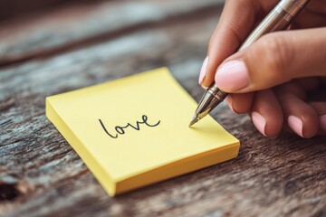A person uses a fountain pen to write the word love on a yellow sticky note placed on a wooden table.