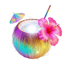 Vibrant tropical cocktail in a coconut shell