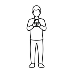 Obraz premium Man standing and using smartphone in simple illustration