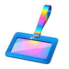 Vibrant rainbow lanyard with blue id holder