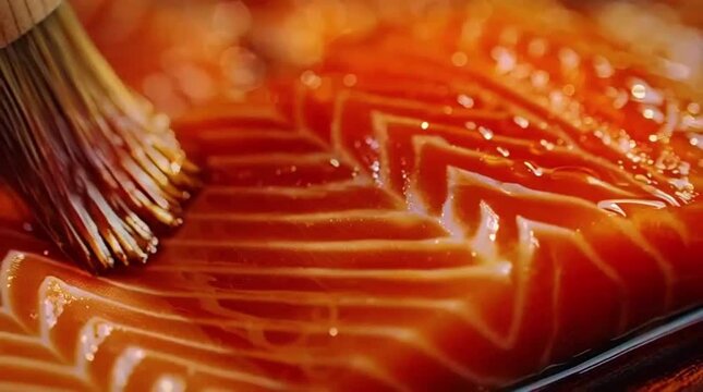 Marinating fresh, vibrant salmon fillets with a delicious savory glaze, preparing for a gourmet and healthy meal
