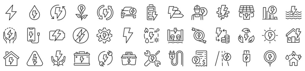 Set of 30 outline icons related to energy. Linear icon collection. Editable stroke. Vector illustration