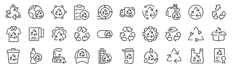 Set of 30 outline icons related to recycle symbol. Linear icon collection. Editable stroke. Vector illustration