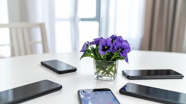 Smartphones arranged around a flower vase on a white table, modern technology.