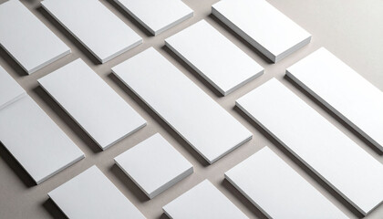 Obraz premium Blank white business cards neatly arranged on a neutral surface, ready for branding and design purposes