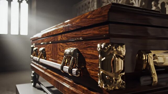 Ornate Polished Wood Coffin With Gold Accents And Sunlight Streaming Through Gothic Windows