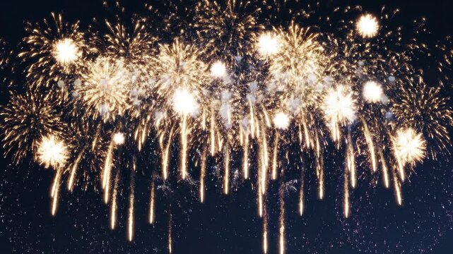 Bright golden fireworks exploding at night sky celebration festive display pyrotechnics for new years eve and special events background decoration overlay