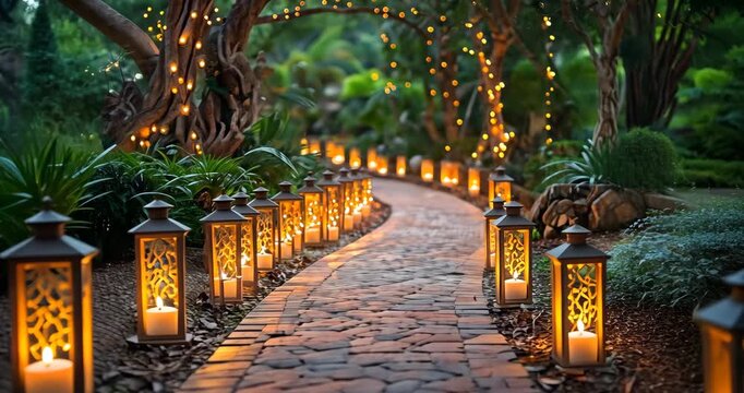 A serene garden pathway is illuminated by lanterns and string lights, creating a warm and inviting atmosphere.