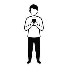 Fototapeta premium Man standing and using smartphone in simple illustration style